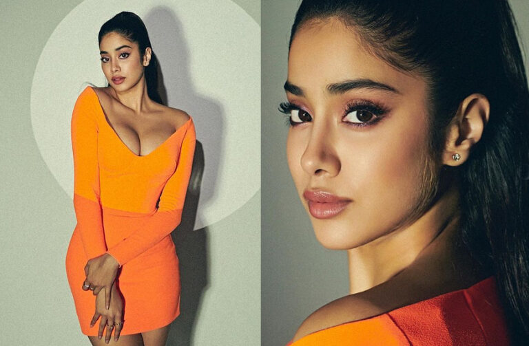 Janhvi sets temperatures soaring in orange plunge-neck dress