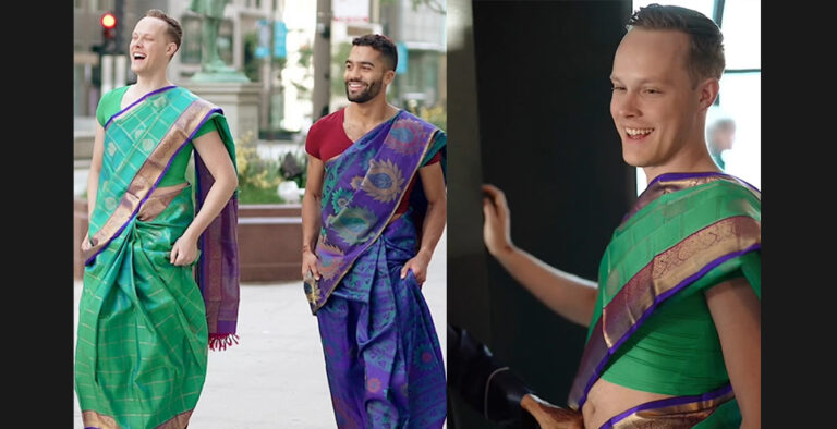 Friends of Indian groom sport Saree and Bindi during his wedding in Chicago