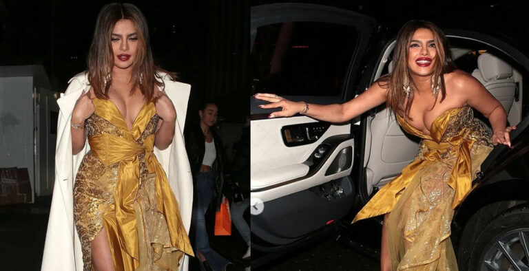 Priyanka Chopra turns heads in golden plunging dress at an event in London