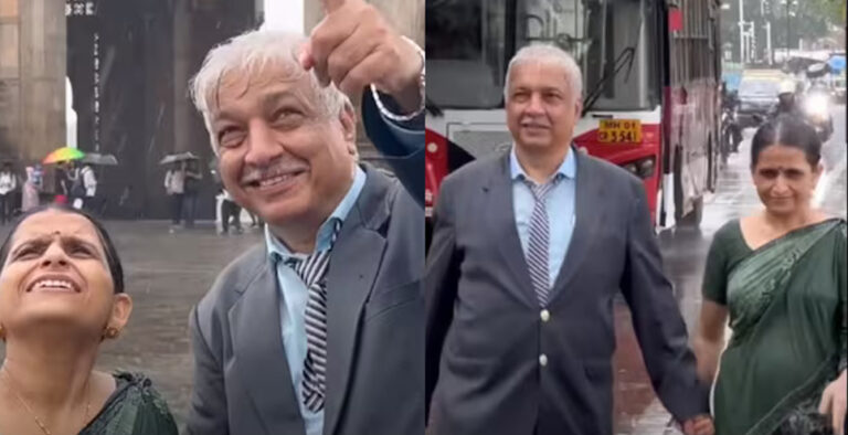 Elderly couple recreates Rim Jhim Ghire Sawan song in Mumbai rains
