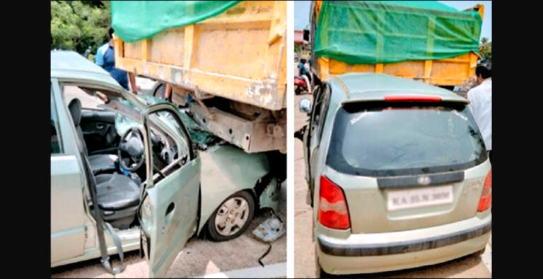 Udupi: Truck drags car with 3 passengers onboard for a kilometer