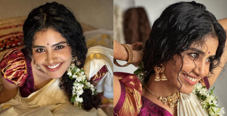 Anupama Parameswaran exudes elegance in white silk Saree on Onam